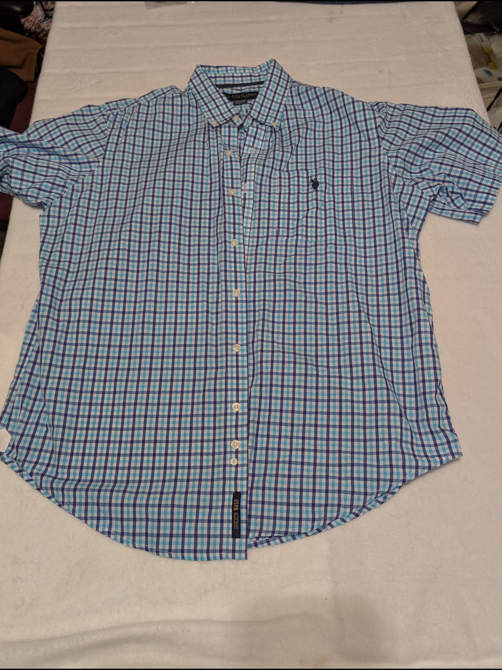 U.S. Polo Assn. Blue and White Plaid‎ Short-Sleeve Button-Down Shirt